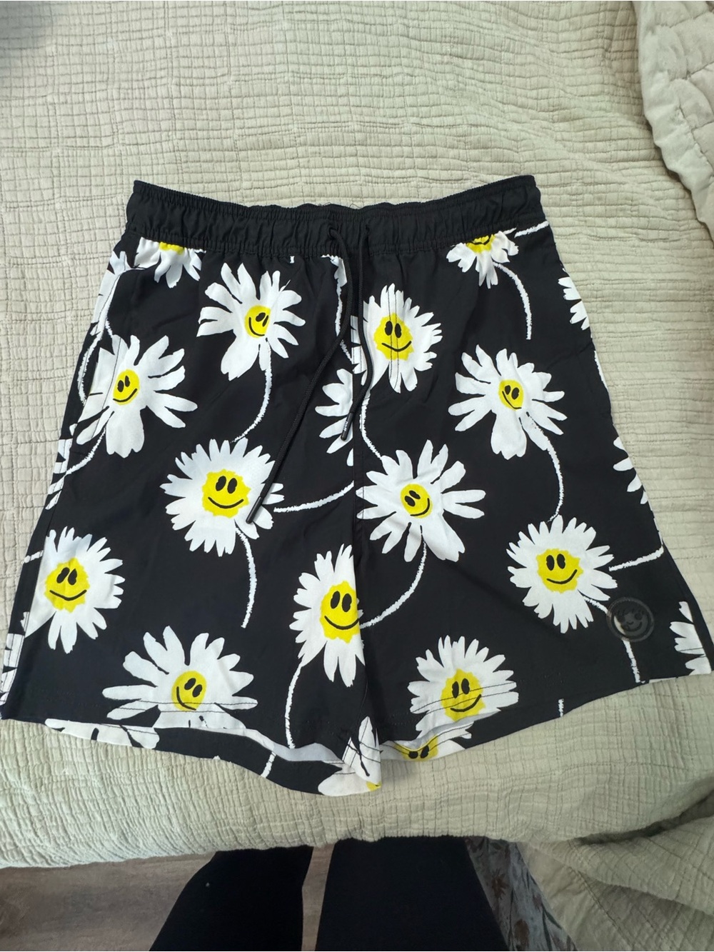 Neff Black Shorts with White Daisy and Yellow Smiley Print